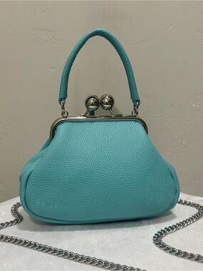 Turquoise Cowhide Calfskin Handmade Kisslock Frame Bag, Crossbody